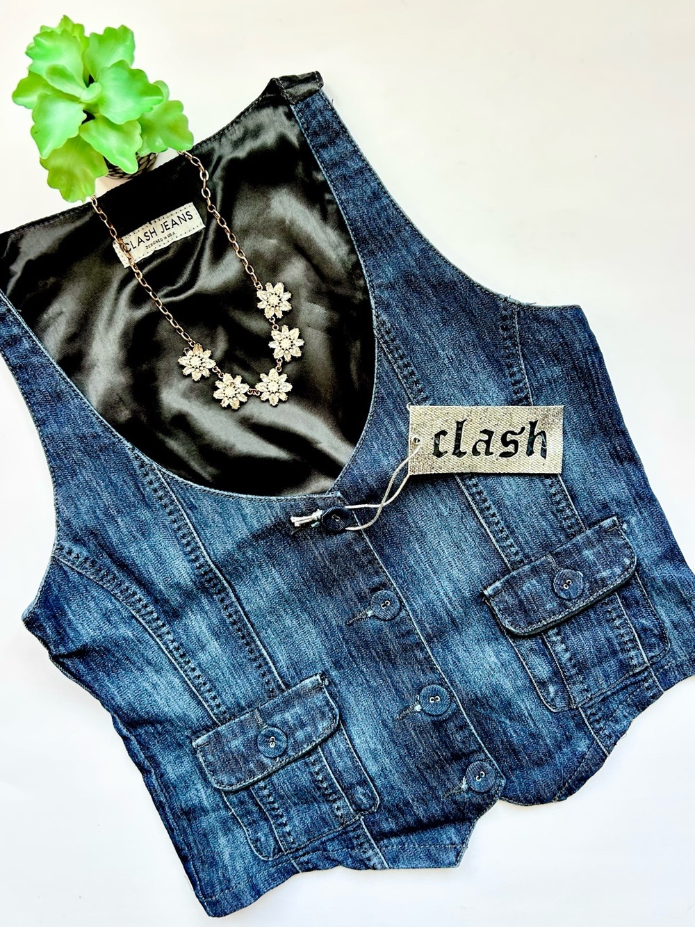 Y2K Tailored Fitted Denim Vest Women’s Clash Jeans Button Front NWT